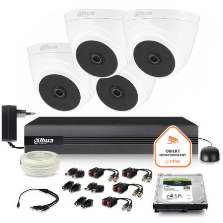 Zestaw monitoringu Dahua XVR 1TB 4x Kamera kopułkowa FullHD