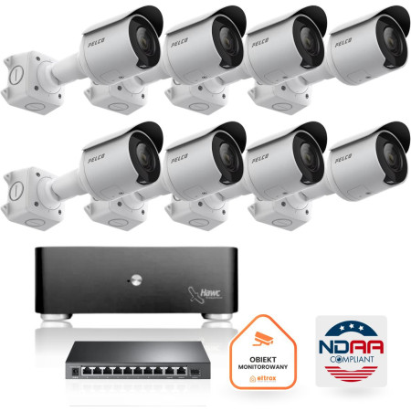 Zestaw monitoringu IP Pelco 8x Kamera tubowa PELCO IP 5 mpx Serwer Dysk 4TB Switch zgodny z NDAA