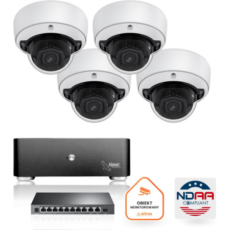 Zestaw monitoringu IP Pelco 4x Kamera kopukowa PELCO IP 5 mpx Serwer Dysk 4TB Switch zgodny z NDAA