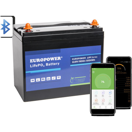 Akumulator LiFePO4 EUROPOWER serii LFP 12,8V 80Ah Bluetooth (Żywotność ~2000 cykli)