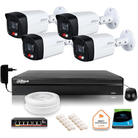 Zestaw monitoringu IP Dahua 2MPx 4 Kamery zewnętrzne Smart Dual Light IR LED 30m