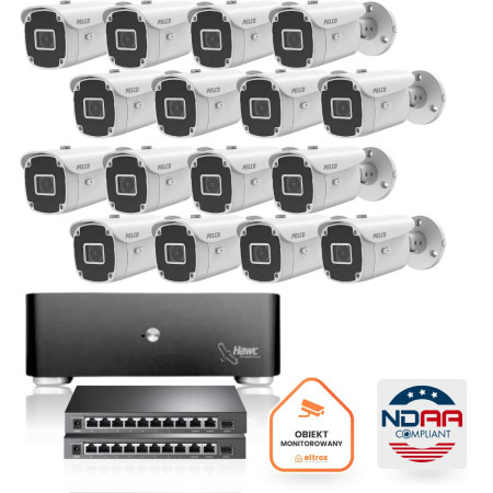 Zestaw monitoringu IP Pelco 16x Kamera tubowa PELCO IP 5 mpx Serwer Dysk 2TB Switch zgodny z NDAA