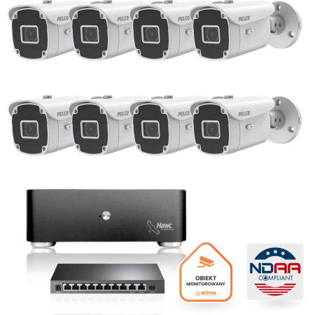 Zestaw monitoringu IP Pelco 8x Kamera tubowa PELCO IP 5 mpx Serwer Dysk 2TB Switch zgodny z NDAA