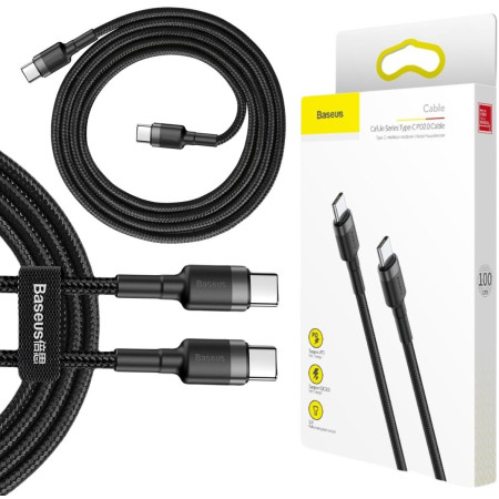 KABEL USB-C / USB-C Baseus Cafule CATKLF-GG1 100cm 60W 3A PD 2.0 QC 3.0 CZARNO-SZARY W OPLOCIE