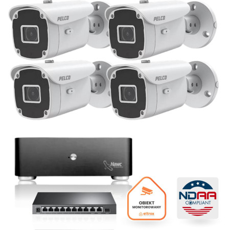Zestaw monitoringu IP Pelco 4x Kamera tubowa PELCO IP 5 mpx Serwer Dysk 2TB Switch zgodny z NDAA