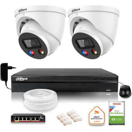 Zestaw monitoringu IP Dahua TIOC 8mpx 4K 2 kamery IPC-HDW3849H-AS-PV-0280B-S5 rejestrator z dyskiem do pracy ciągłej