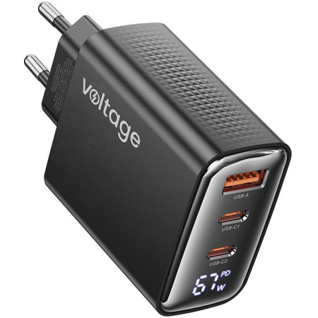 Ładowarka sieciowa Voltage GaN Charger 67W PD 3.0 QC 4.0 USB-A 2x USB-C Digital Display czarna