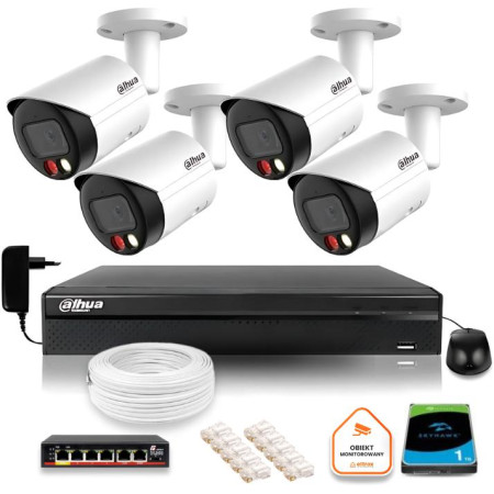 Zestaw monitoringu IP Dahua 6MPx 4 Kamery zewnętrzne z dualnym oświetleniem 30m