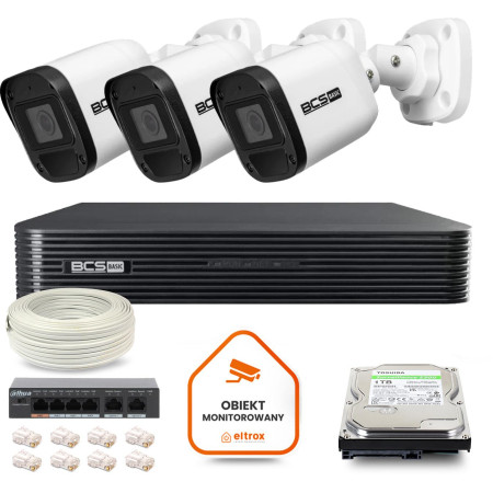 Zestaw monitoringu IP BCS Basic 3x Kamera BCS-B-TIP15FR3(2.0) Rejestrator z dyskiem