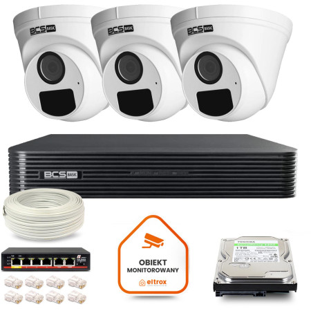 Zestaw monitoringu IP BCS Basic 3x Kamera BCS-B-EIP15FR3(2.0) Rejestrator z dyskiem