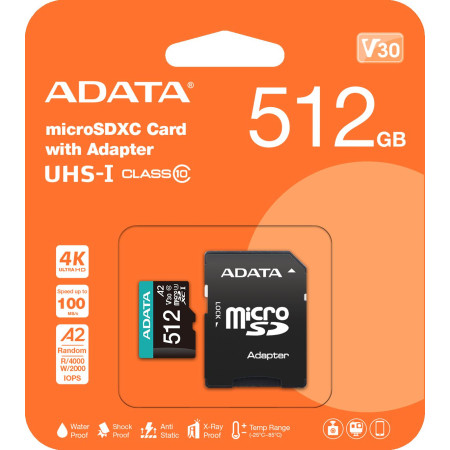 OUTLET_1: Adata Karta pamięci microSD Premier Pro 512 GB UHS1 U3 V30 A2 + adapter (OUTLET)