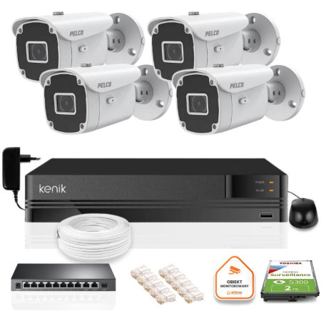 Zestaw monitoringu IP Pelco Rejestator 8 kanałowy 4 Kamery tubowe PELCO IP 5 mpx Rejestrator 2TB Switch