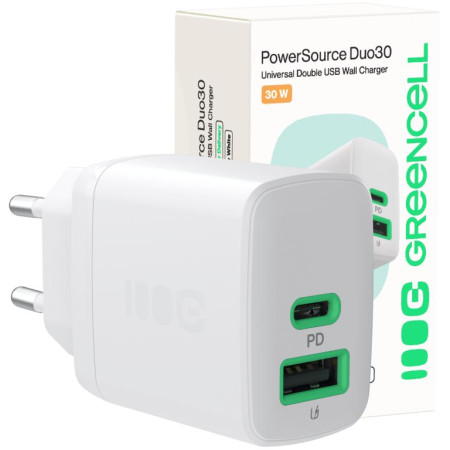 ŁADOWARKA SIECIOWA Greencell PowerSource Duo30 30W 1xUSB-C 1xUSB-A PD 3.0 QC 4.0+ biała