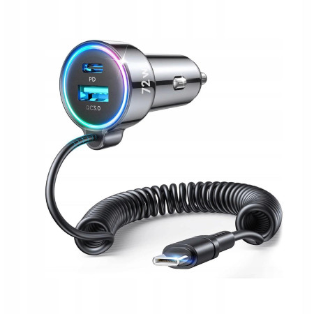 Ładowarka samochodowa 3w1 Joyroom JR-CL07 72W 4.0A PD 3.0 QC 3.0 1x USB-A 1x USB-C z kablem 1.6M