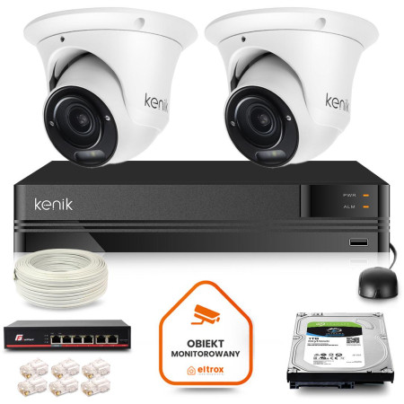 Zestaw monitoringu IP Kenik 2 kamery kopułkowe FullHD IR 60m dysk 1TB