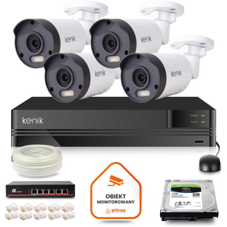 Zestaw monitoringu IP Kenik 4 kamery tubowe 5MPx dysk 1TB