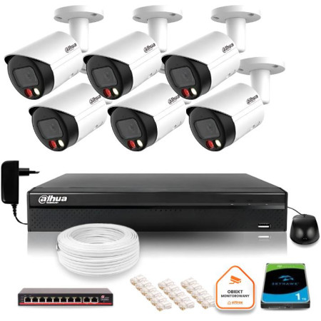 Zestaw monitoringu IP Dahua 6MPx 6 Kamer zewnętrznych z dualnym oświetleniem 30m