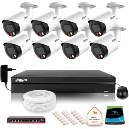 Zestaw monitoringu IP Dahua 6MPx 8 Kamer zewnętrznych z dualnym oświetleniem 30m