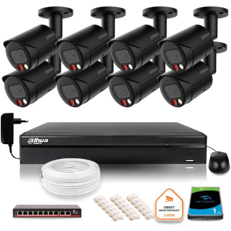 Zestaw monitoringu IP Dahua 4MPx 2K 8 kamer czarnych zewnętrznych z dyskiem 1TB