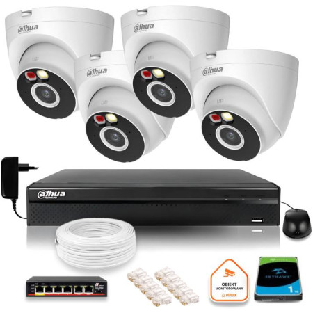 Zestaw monitoringu IP Dahua 2MPx 4 Kamery zewnętrzne oświetlenie IR LED 30m