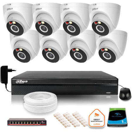 Zestaw monitoringu IP Dahua 2MPx 8 Kamer zewnętrznych oświetlenie IR LED 30m