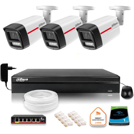 Zestaw monitoringu IP DAHUA 3 kamery zewnętrzne WizColor 2K 4MPx 50m