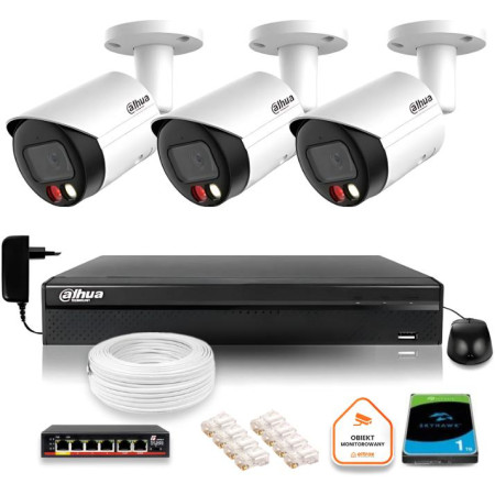 Zestaw monitoringu IP Dahua 2MPx 3 Kamery zewnętrzne z dualnym oświetleniem 30m