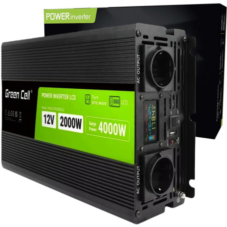 PRZETWORNICA NAPIĘCIA Green Cell PowerInverter LCD 12V / 230V 2000W/4000W CZYSTA SINUSOIDA