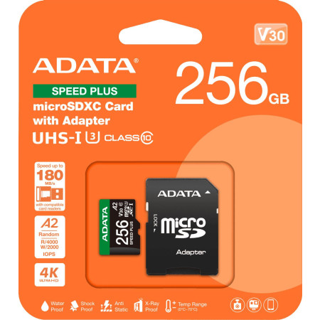 OUTLET_1: Adata Karta pamięci microSD Speed Plus 256GB UHS1 U3 V30 A2 180/160 MB/s (OUTLET)