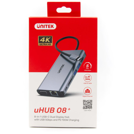 OUTLET_1: Hub USB-C Unitek D1019B 3.1 8w1 z Power Delivery 100W (OUTLET)
