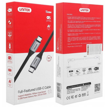 OUTLET_1: Przewód USB Unitek C14082ABK USB-C na USB-C 10Gbps 4K 60Hz 20V/5A (OUTLET)