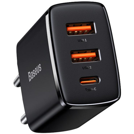 OUTLET_1: ŁADOWARKA SIECIOWA Baseus Compact Quick Charger CCXJ-E01 30W 2x USB-A 1x USB-C PD 3.0 QC 3.0 CZARNA (OUTLET)
