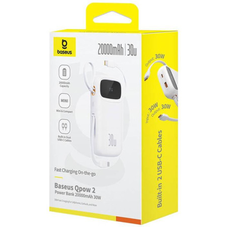 OUTLET_1: Powerbank Baseus QPow 2 10000mAh 30W z 2 wbudowanymi kablami USB-C - biały (OUTLET)